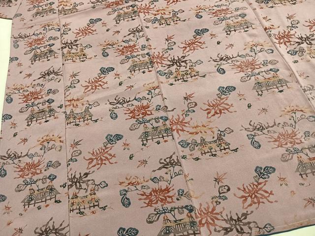 平和屋着物●上質な小紋　型染め　風景花文　鬼しぼ縮緬　正絹　逸品　AABH4789fy 平和屋着物○上質な小紋 型染め 風景花文 鬼しぼ縮緬 正絹
