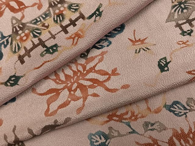 平和屋着物●上質な小紋　型染め　風景花文　鬼しぼ縮緬　正絹　逸品　AABH4789fy