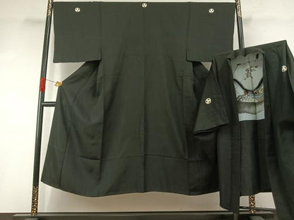 平和屋着物●男性　黒紋付　羽織セット　正絹　逸品　AABH4792fy