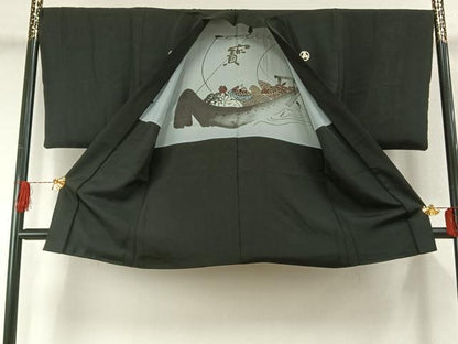 平和屋着物●男性　黒紋付　羽織セット　正絹　逸品　AABH4792fy