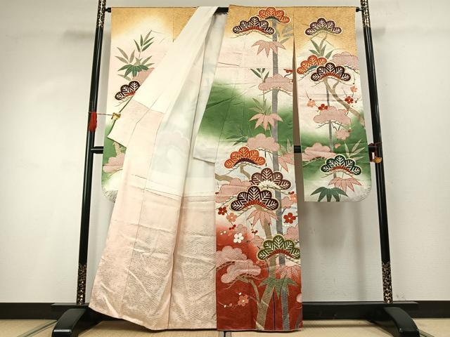 平和屋着物●豪華振袖　駒刺繍　松竹梅　暈し染め　金彩　正絹　逸品　AABH4820fy