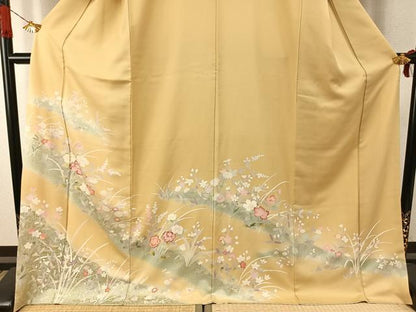 平和屋着物●訪問着　友禅　草花文　金銀彩　ロング丈　正絹　逸品　AABH4825fy