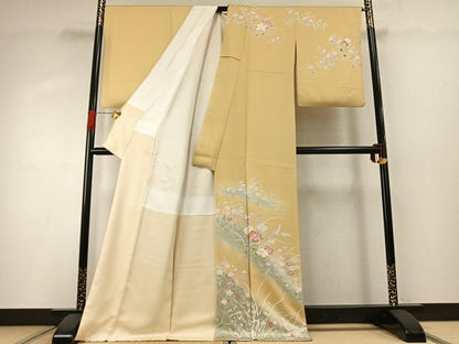 平和屋着物●訪問着　友禅　草花文　金銀彩　ロング丈　正絹　逸品　AABH4825fy