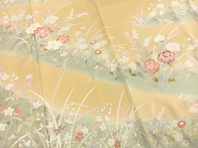 平和屋着物●訪問着　友禅　草花文　金銀彩　ロング丈　正絹　逸品　AABH4825fy