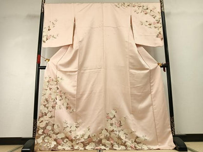 平和屋着物●十日町老舗ブランド　吉澤友禅　吾妻徳穂　訪問着　駒刺繍　草花文　金彩　ロング丈　正絹　逸品　AABH4827fy