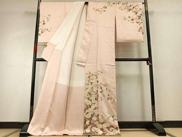 平和屋着物●十日町老舗ブランド　吉澤友禅　吾妻徳穂　訪問着　駒刺繍　草花文　金彩　ロング丈　正絹　逸品　AABH4827fy
