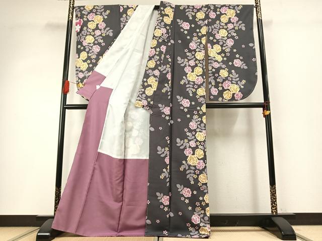平和屋着物●小振袖　二尺袖　草花文　洗える着物　未使用　AABH4833fy