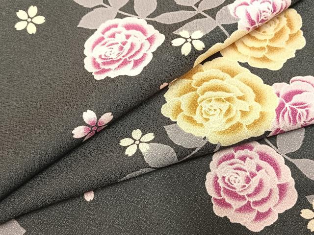 平和屋着物●小振袖　二尺袖　草花文　洗える着物　未使用　AABH4833fy
