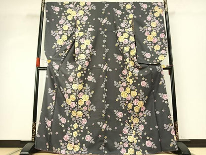 平和屋着物●小振袖　二尺袖　草花文　洗える着物　未使用　AABH4833fy