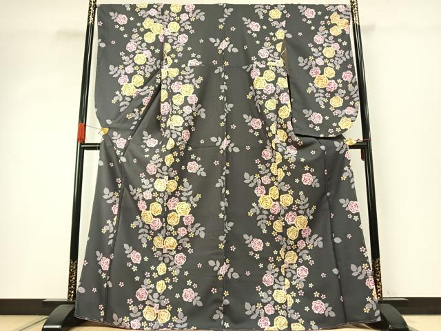 平和屋着物●小振袖　二尺袖　草花文　洗える着物　未使用　AABH4833fy