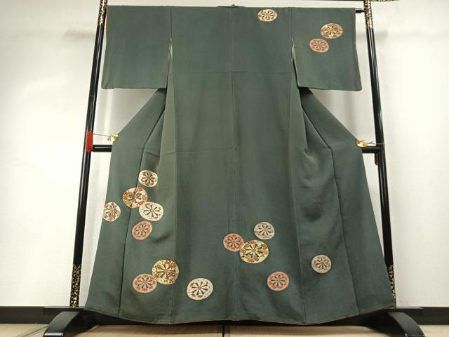 平和屋着物●訪問着　友禅　源氏車花文　金彩　鬼しぼ縮緬　正絹　逸品　AABH4835fy 平和屋着物○訪問着 友禅 源氏車花文 金彩 鬼しぼ縮緬 正絹