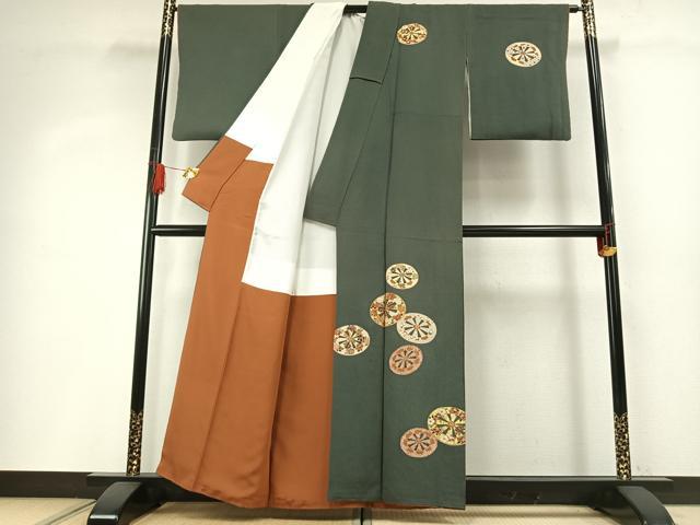 平和屋着物●訪問着　友禅　源氏車花文　金彩　鬼しぼ縮緬　正絹　逸品　AABH4835fy 平和屋着物○訪問着 友禅 源氏車花文 金彩 鬼しぼ縮緬 正絹