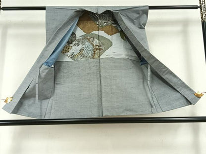 平和屋着物●男性　紬　アンサンブル　袖なし羽織セット　霞文　キングサイズ　正絹　逸品　AABH4850fy