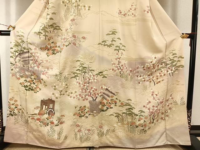 平和屋着物●訪問着　友禅　駒刺繍　松竹梅　御所車花文　暈し染め　金彩　ますいわ屋扱い　正絹　逸品　AABH4852fy