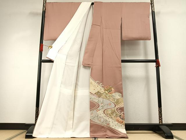 平和屋着物●豪華色留袖　友禅　駒刺繍　流水文箱文　金彩　ロング丈　正絹　逸品　AABH4860fy
