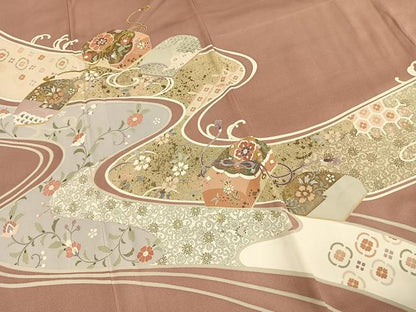 平和屋着物●豪華色留袖　友禅　駒刺繍　流水文箱文　金彩　ロング丈　正絹　逸品　AABH4860fy