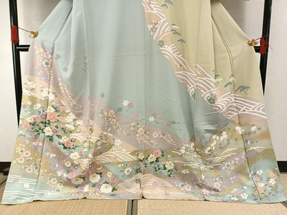 平和屋着物●訪問着　駒刺繍　草花文　金彩　ロング丈　正絹　逸品　AABH4867fy