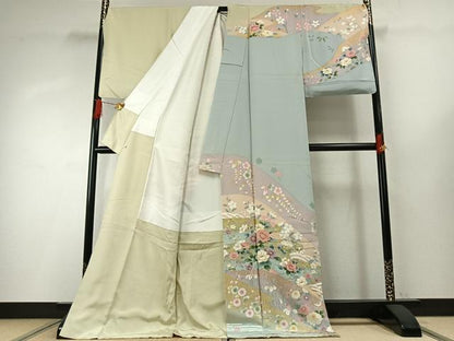 平和屋着物●訪問着　駒刺繍　草花文　金彩　ロング丈　正絹　逸品　AABH4867fy