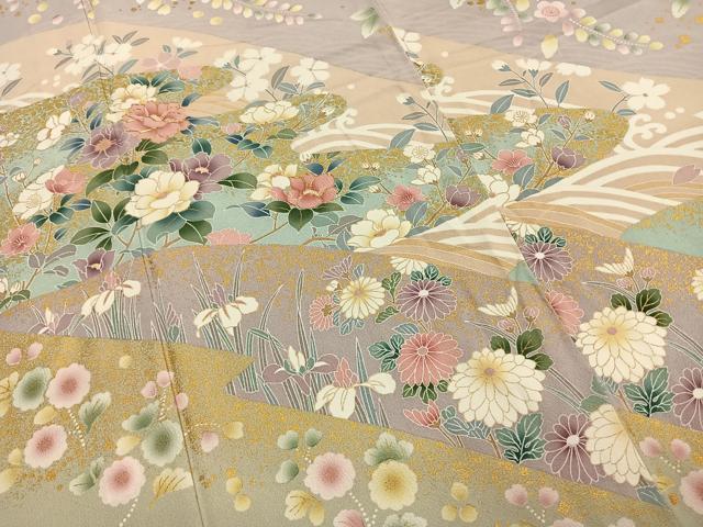 平和屋着物●訪問着　駒刺繍　草花文　金彩　ロング丈　正絹　逸品　AABH4867fy