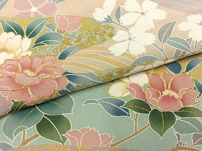 平和屋着物●訪問着　駒刺繍　草花文　金彩　ロング丈　正絹　逸品　AABH4867fy