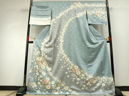 平和屋着物●訪問着　駒刺繍　草花文　暈し染め　金彩　丹後ちりめん　反端付き　ロング丈　正絹　逸品　AABH4868fy