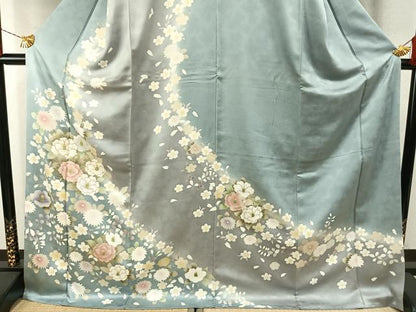 平和屋着物●訪問着　駒刺繍　草花文　暈し染め　金彩　丹後ちりめん　反端付き　ロング丈　正絹　逸品　AABH4868fy