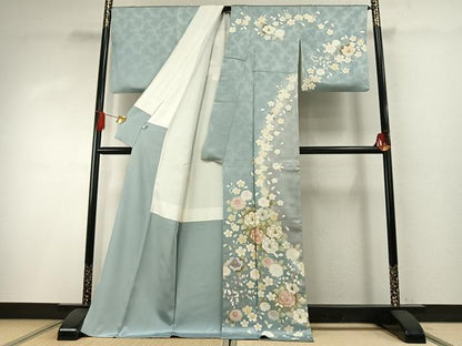 平和屋着物●訪問着　駒刺繍　草花文　暈し染め　金彩　丹後ちりめん　反端付き　ロング丈　正絹　逸品　AABH4868fy