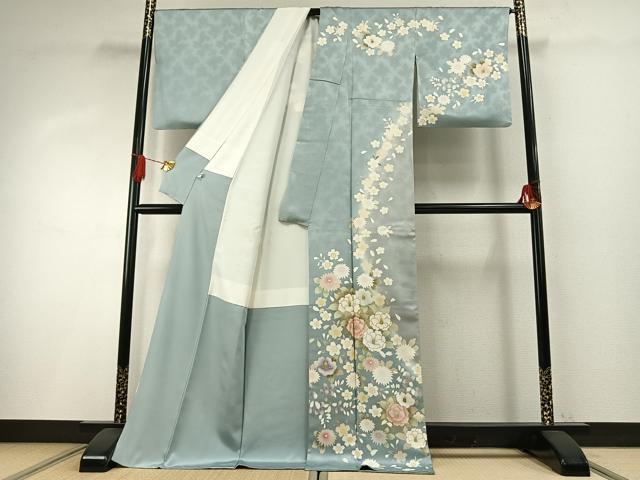 平和屋着物●訪問着　駒刺繍　草花文　暈し染め　金彩　丹後ちりめん　反端付き　ロング丈　正絹　逸品　AABH4868fy