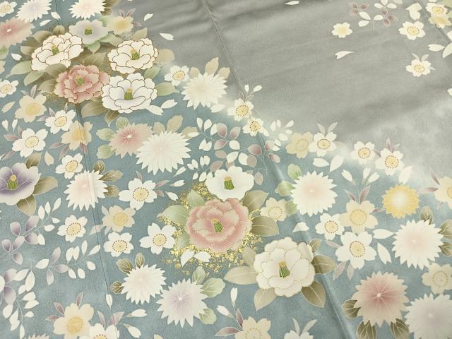 平和屋着物●訪問着　駒刺繍　草花文　暈し染め　金彩　丹後ちりめん　反端付き　ロング丈　正絹　逸品　AABH4868fy