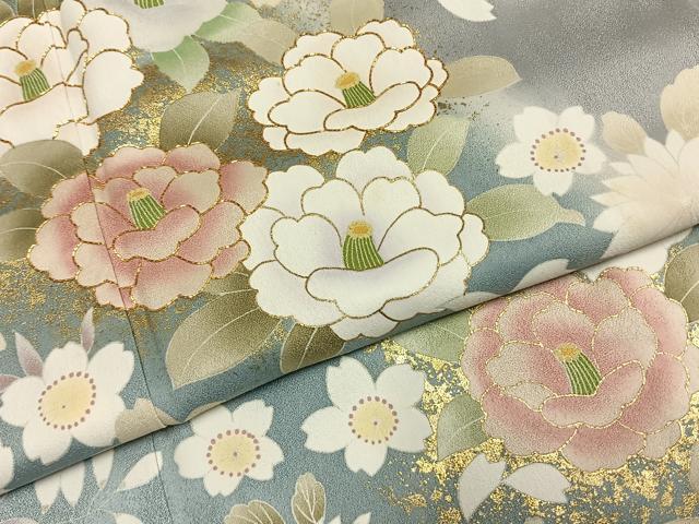 平和屋着物●訪問着　駒刺繍　草花文　暈し染め　金彩　丹後ちりめん　反端付き　ロング丈　正絹　逸品　AABH4868fy