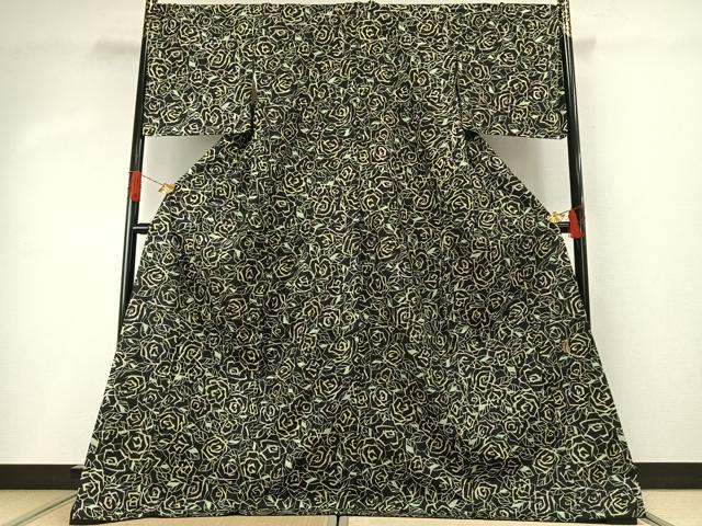 平和屋着物●中村玉緒　本場大島紬　染大島　薔薇尽くし　黒地　ロング丈　正絹　逸品　AABH4870fy