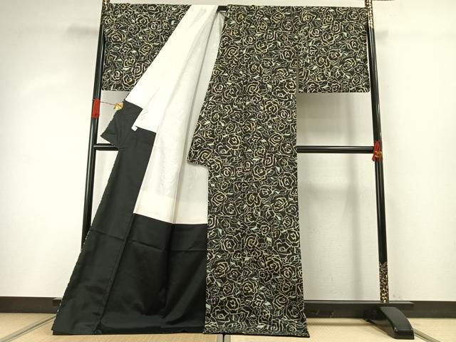 平和屋着物●中村玉緒　本場大島紬　染大島　薔薇尽くし　黒地　ロング丈　正絹　逸品　AABH4870fy