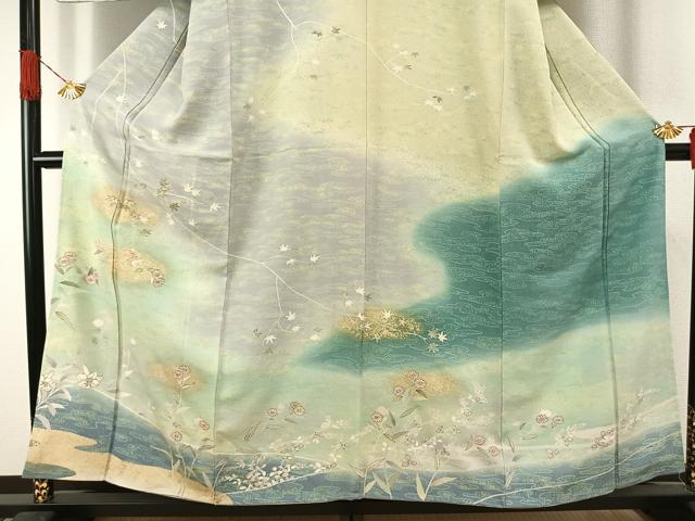 平和屋着物●訪問着　友禅　駒刺繍　草花文　暈し染め　金彩　正絹　逸品　未使用　AABH4871fy