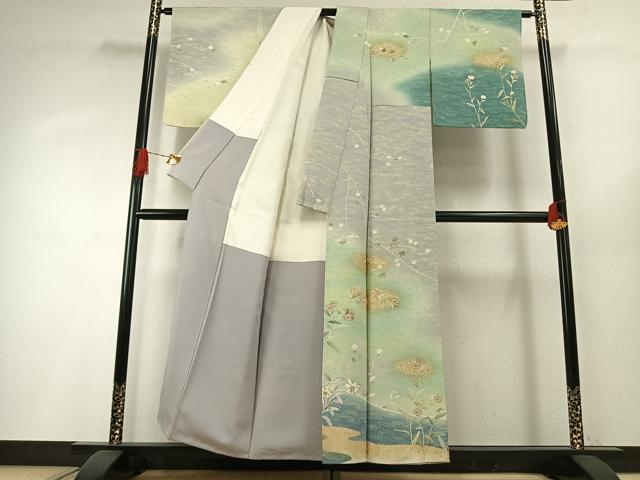 平和屋着物●訪問着　友禅　駒刺繍　草花文　暈し染め　金彩　正絹　逸品　未使用　AABH4871fy 平和屋着物○訪問着 友禅 駒刺繍 草花文 暈し染め 金彩 正絹