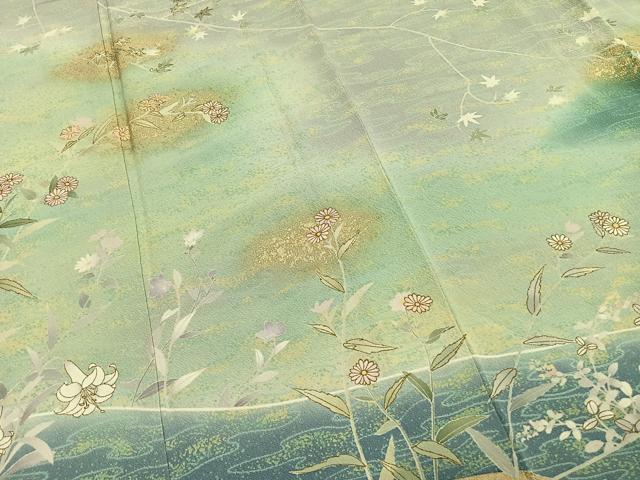 平和屋着物○訪問着 友禅 駒刺繍 草花文 暈し染め 金彩 正絹