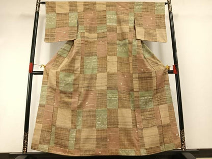 平和屋着物●伝統工芸士　七代目　吉澤与市　紬　市松文様　正絹　逸品　未使用　AABH4883fy