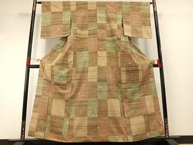 平和屋着物●伝統工芸士　七代目　吉澤与市　紬　市松文様　正絹　逸品　未使用　AABH4883fy