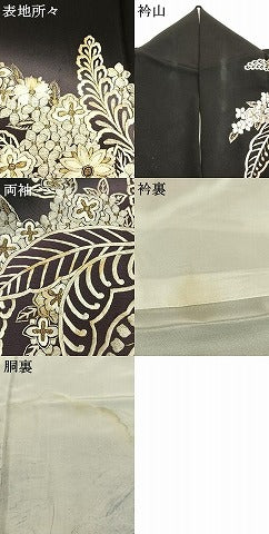 平和屋着物●訪問着　手刺繍　草花文　暈し染め　黒地　金糸　正絹　逸品　AABH4887fy
