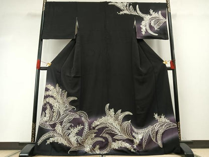 平和屋着物●訪問着　手刺繍　草花文　暈し染め　黒地　金糸　正絹　逸品　AABH4887fy