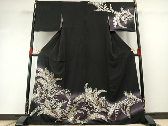 平和屋着物●訪問着　手刺繍　草花文　暈し染め　黒地　金糸　正絹　逸品　AABH4887fy