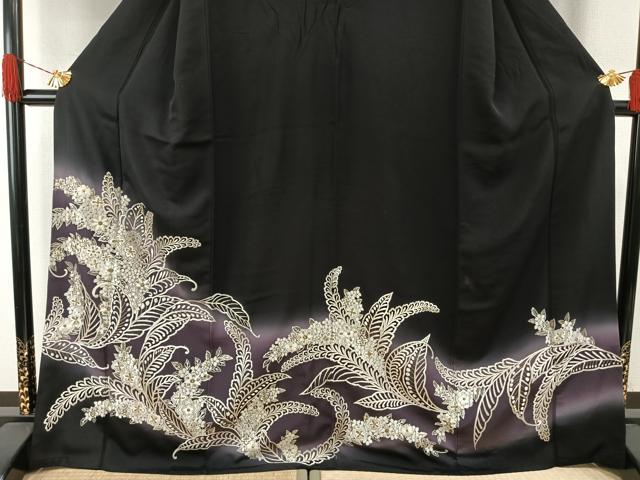 平和屋着物●訪問着　手刺繍　草花文　暈し染め　黒地　金糸　正絹　逸品　AABH4887fy