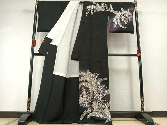 平和屋着物●訪問着　手刺繍　草花文　暈し染め　黒地　金糸　正絹　逸品　AABH4887fy