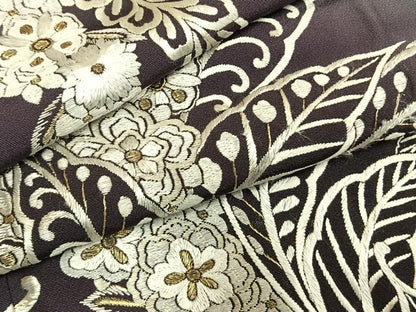 平和屋着物●訪問着　手刺繍　草花文　暈し染め　黒地　金糸　正絹　逸品　AABH4887fy