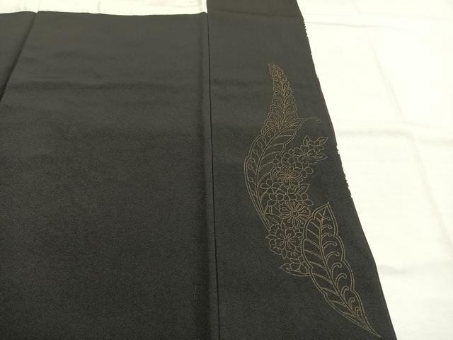 平和屋着物●訪問着　手刺繍　草花文　暈し染め　黒地　金糸　正絹　逸品　AABH4887fy