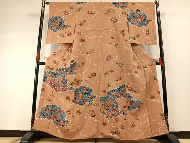 平和屋着物●訪問着　友禅　型染め　雲取り花文　鬼しぼ縮緬　正絹　逸品　AABH4892fy