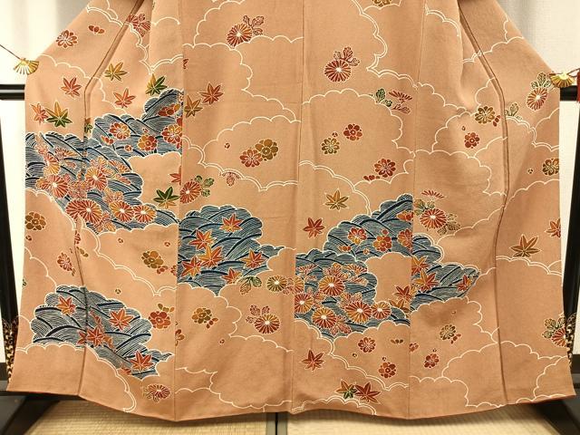 平和屋着物●訪問着　友禅　型染め　雲取り花文　鬼しぼ縮緬　正絹　逸品　AABH4892fy
