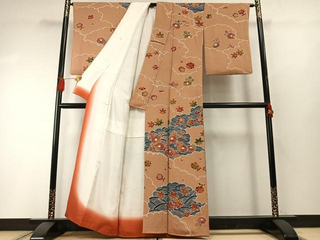 平和屋着物●訪問着　友禅　型染め　雲取り花文　鬼しぼ縮緬　正絹　逸品　AABH4892fy