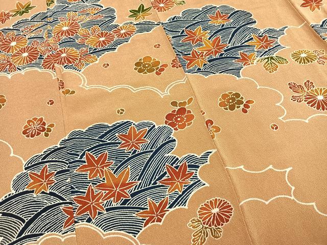 平和屋着物●訪問着　友禅　型染め　雲取り花文　鬼しぼ縮緬　正絹　逸品　AABH4892fy