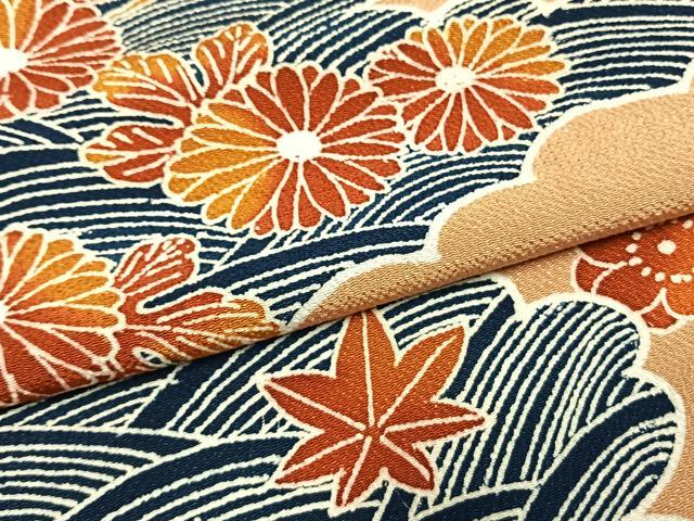 平和屋着物●訪問着　友禅　型染め　雲取り花文　鬼しぼ縮緬　正絹　逸品　AABH4892fy
