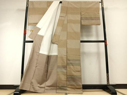 平和屋着物●訪問着　紬地　横段文　正絹　逸品　AABH4905fy